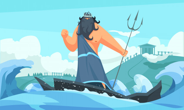 Free: Greece ancient gods flat cartoon strip with poseidon among waves  striking sea with his trident Free Vector 