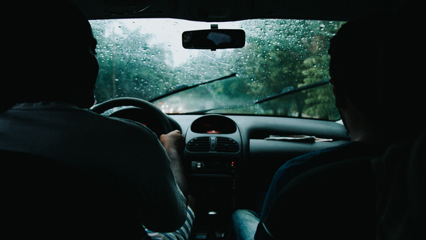 driving,car,rain,shadow,silhouette,wet,wipers,forest,tree,green,steering wheel,man,mirror,rear