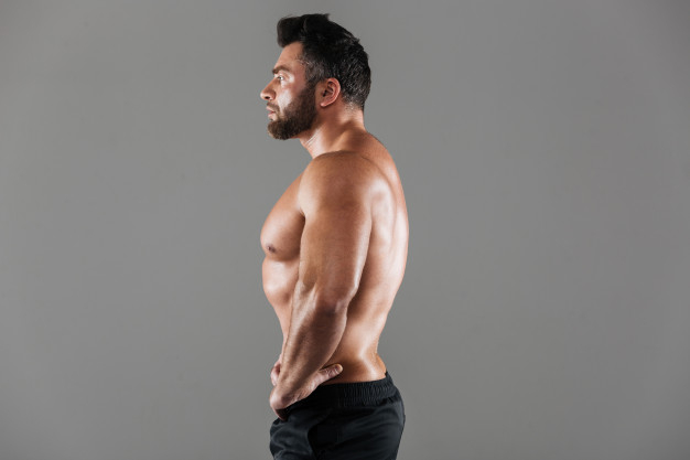 Free: Side view portrait of a concentrated strong shirtless male