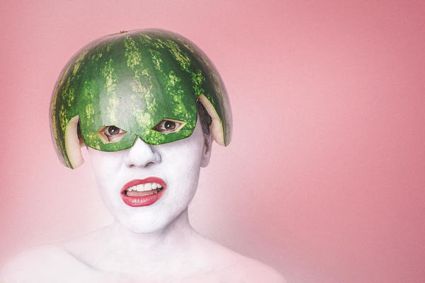 colorful,face,food,fruit,funny,girl,goofy,green,helmet,lady,silly,watermelon,weird,whimsical