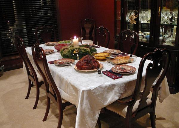 holiday,food,celebration,christmas,decorations,dinner,tree,lights,stockings,fireplace,santa claus,dining table