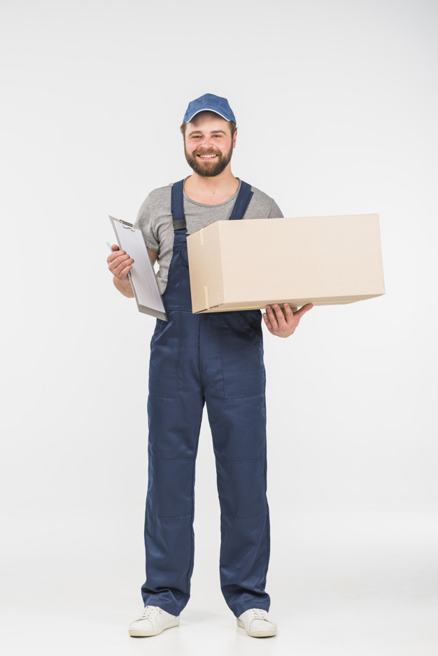 looking at camera,studio shot,overall,joyful,cheerful,casual,handsome,standing,looking,big,smiling,occupation,parcel,shot,adult,holding,courier,carton,delivery man,male,positive,clipboard,paper background,cardboard,packaging box,background white,professional,uniform,young,light background,studio,cap,package,service,background blue,beard,worker,job,mail,person,white,clothes,happy,white background,delivery,blue,box,man,camera,light,paper,blue background,background