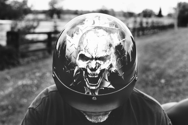  biker,skull,helmet,motorbike, black  white
