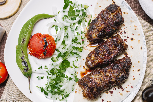 khan,onions,grilled,pita,top,herbs,kebab,view,pepper,tomato,bread
