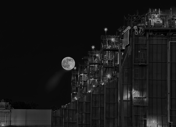 skyscrapers,moon,industry,grinder,dark,construction,city,building,black-and-white,architecture