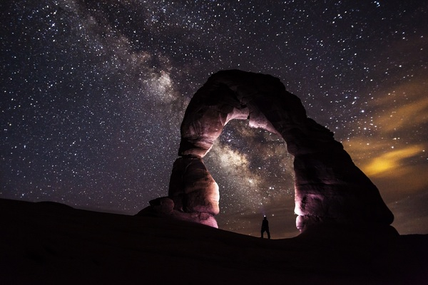 arches national park,dark,dusk,formation,galaxy,geology,landscape,lights,long-exposure,low angle shot,milky way,natural,nature,night,person,rock,sandstone,scenic,sky,space,stars,twilight,universe,utah,Free Stock Photo