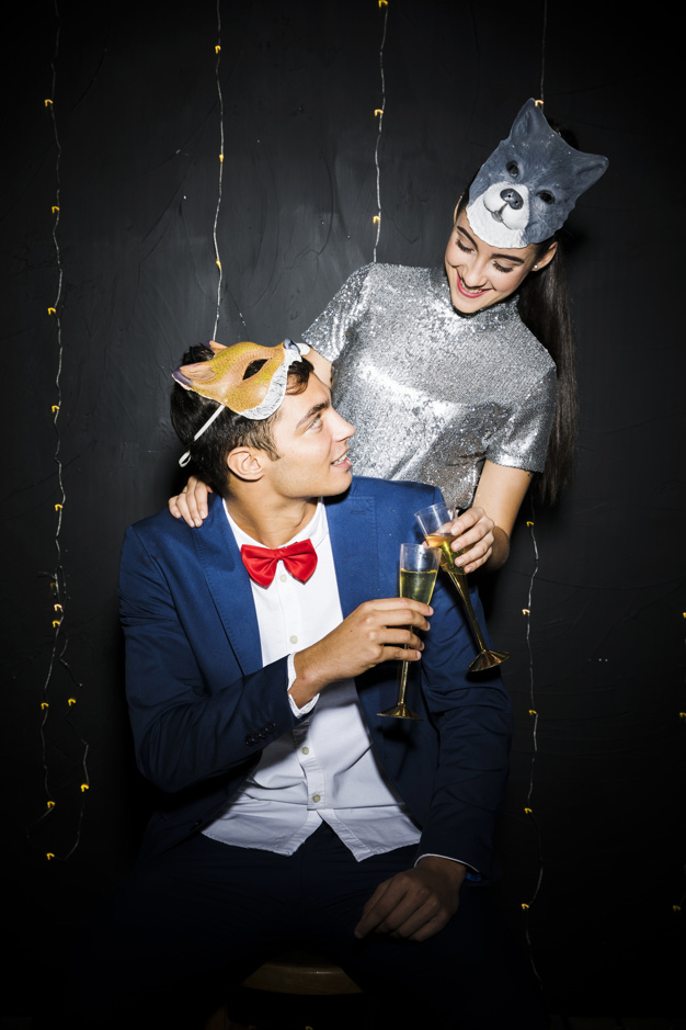 party,man,cat,celebration,happy,bow,shirt,holiday,event,glasses,happy holidays,glass,drink,champagne,lights,dress,mask,fox