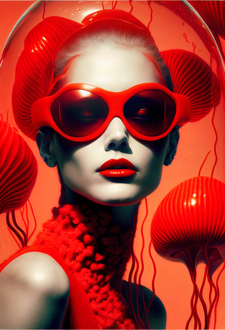 woman,magazine,editorial,fancy,young,underwater,red,ai generated,midjourney,sunglasses,jellyfish