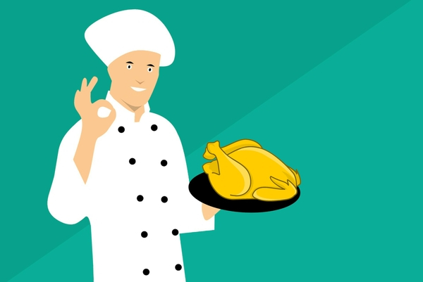 chef,chicken,cooking,meat,delicious,uniform,fried,hat,character,smiling,food,serving,cartoon,okay,perfect,restaurant,fine,success,cook,business,service,finger,hand,kitchen,cap