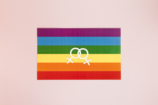 overhead,homosexual,arrangement,multicolored,lesbian,small,rights,lgbt,orientation,composition,equality,tolerance,two,pride,liberty,horizontal,diversity,gay,relationship,gender,top view,top,bright,beautiful,view,simple,together,female,freedom,community,symbol,pink background,white,sign,couple,colorful,rainbow,flag,pink,table,paper,woman,icon,design,love,background