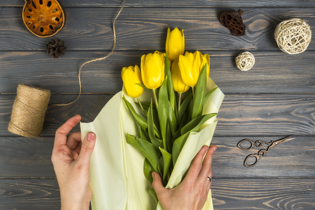 unrecognizable,faceless,body part,bunch,wrapping,small,surface,part,crop,anonymous,horizontal,tulips,holding,pack,top view,top,season,decor,bright,beautiful,view,tulip,blossom,wooden background,fresh,bouquet,roll,wooden,scissors,natural,rope,body,decoration,plant,present,person,yellow,holiday,colorful,spring,table,hands,green,paper,gift,floral,background