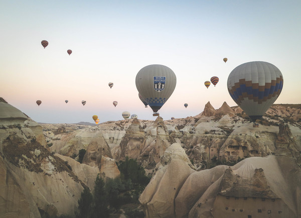 hot air balloons,Cappadocia,Turkey,rocks,cliffs,valleys