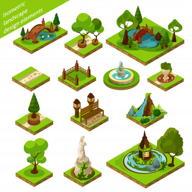 various,statue,set,lawn,fountain,collection,object,bench,icon set,waterfall,slide,vase,beautiful,scenery,path,country,ground,lake,green leaves,fence,lantern,design elements,symbol,bridge,decorative,clean,emblem,elements,park,decoration,isometric,garden,3d,leaves,grass,icons,landscape,nature,green,summer,city,design,tree