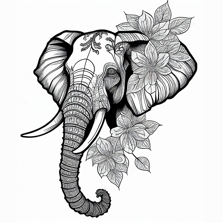 elephant,animals,animal,drawn,floral,ai generated,midjourney,art,black and white,bw,abstract