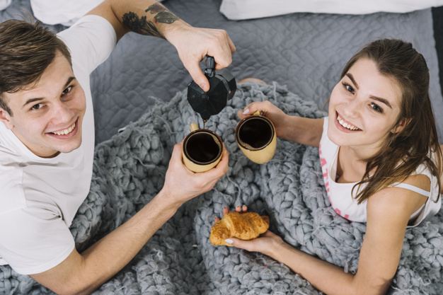 food,coffee,love,camera,man,home,valentine,happy,room,couple,coffee cup,drink,cup,breakfast,bed,mug,morning,romantic,pot,together