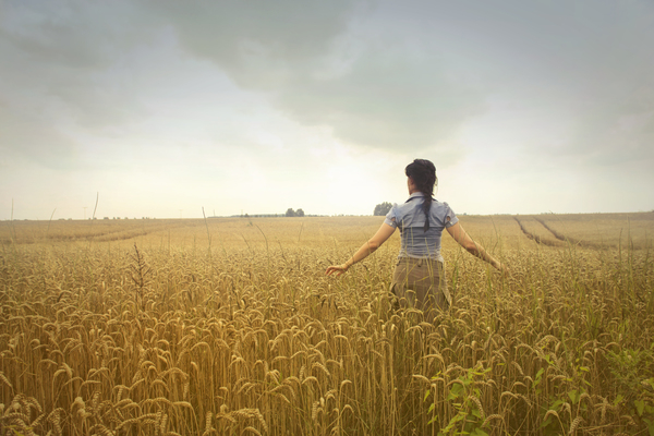 farm,field,woman,clouds,colors,nature,countryside,wheat,crops,daylight,girl,grass,landscape