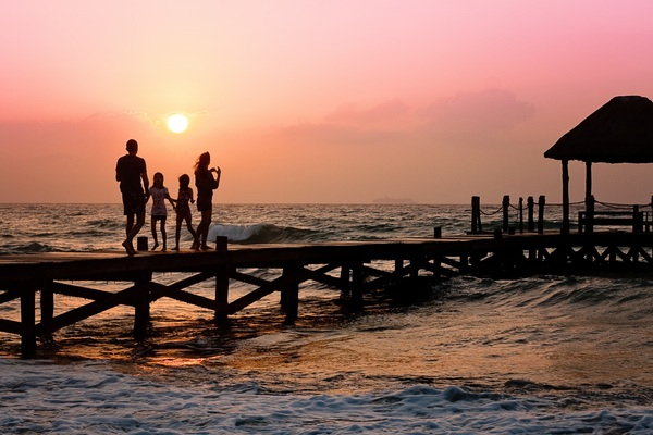 beach,children,family,ocean,people,pier,sea,silhouette,sky,sun,sunrise,sunset,water,waves,Free Stock Photo