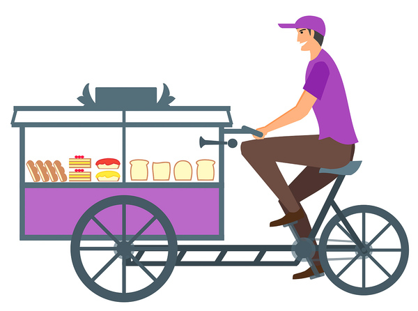 cart,illustration,cook,design,flat,food,mobile,street,street food,vendor,wheels,disabled,people,man,happy,person,adult,male,smiling,cyclist