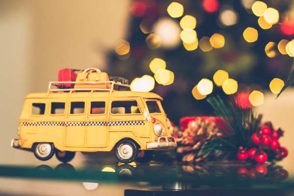 yellow,van,christmas,bokeh,candle,car,celebration,children toys,decor,decorations,christmas tree,lights,pine cone,red,toy,travel