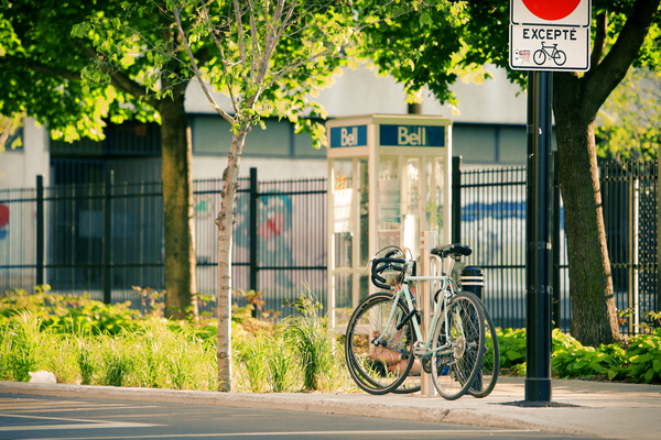 bikes,bicycles,street,pavement,sidewalk,trees,grass,bushes,posts,telephone booth,bell