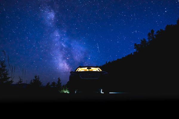 spacecapade,space,star,subaru,car,vehicle,travel,flight,light,milky way,night,sky,forest,tree,star,travel,dirt road,silhouette,blue,bold,contrast,creative commons images