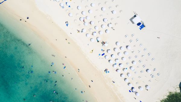 poster,blue,summer,summer,beach,vacation,building,architecture,blue,beach,shore,topdown,water,green,people,crowd,white,bright,sand,aerial view,drone view,creative commons images