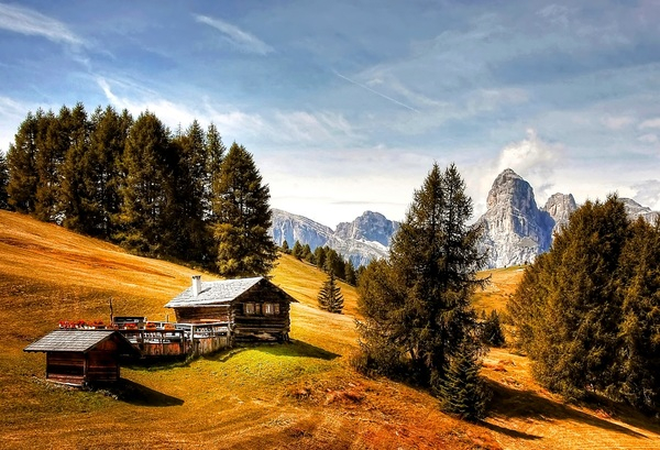 adventure,alm,cabin,chalet,clouds,conifer,daylight,dolomites,evergreen,fall,grass,house,landscape,light,mountain,nature,outdoors,scenery,scenic,sky,sun,travel,trees,valley,Free Stock Photo