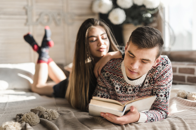 people,book,love,education,man,hair,beauty,home,room,couple,learning,clothing,bed,reading,lady,knowledge,bedroom,female,learn,young