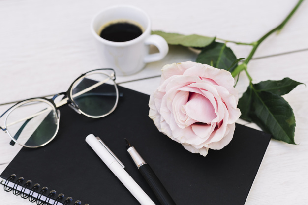 flower,coffee,office,table,rose,work,study,glasses,notebook,pen,coffee cup,job,desk,worker,cup,writing,notes,romantic,workspace,office desk,inspiration,studying,petals,office supplies,objects,aroma,supplies,ballpoint,ballpoint pen,with