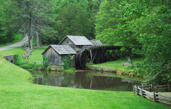 mill,mountain,green,grass,nature,peace,lake,water,trees,travel,nature,calm,water wheel,serene,fence,god