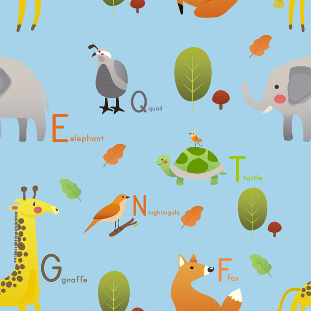 pattern,bird,alphabet,animals,elephant,fox