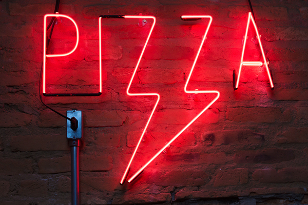 brick wall,business,close-up,dark,design,evening,graphic,illuminated,indoor,inside,led,letters,light,lights,neon lights,neon sign,night,pizza,sign,signage,wall