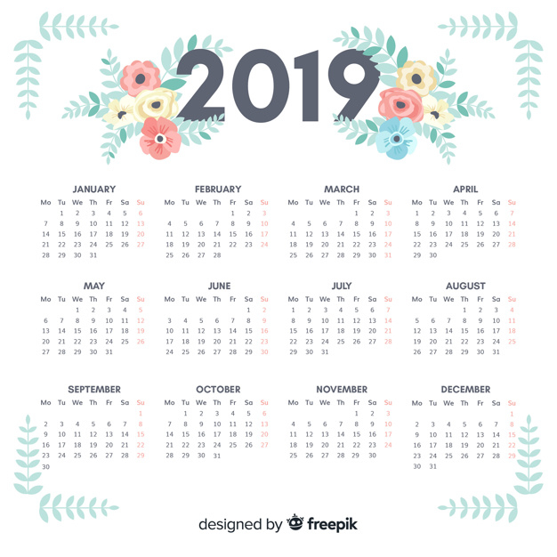 calendar,floral,new year,school,flowers,design,template,number,time,flat,new,flat design,plants,plan,schedule,date,planner,diary,year