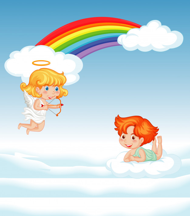 fantacy,cupids,two,flying,cupid,emotion,romantic,fly,fairy,natural,clouds,angel,rainbow,sky,cartoon,character,nature,love,arrow