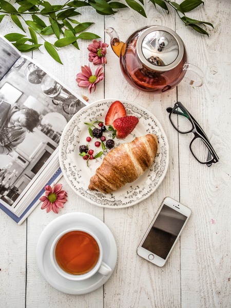 book,colorful,croissant,relax,tea,top view