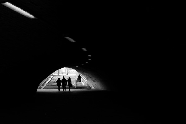 black and white,black-and-white,dark,people,silhouette,tunnel,walk,walking