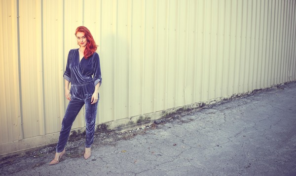 woman,wear,wall,velvet,street,pretty,pose,photoshoot,person,pavement,outfit,outdoors,model,jumpsuit,hair,girl,fashion,color,beautiful,adult