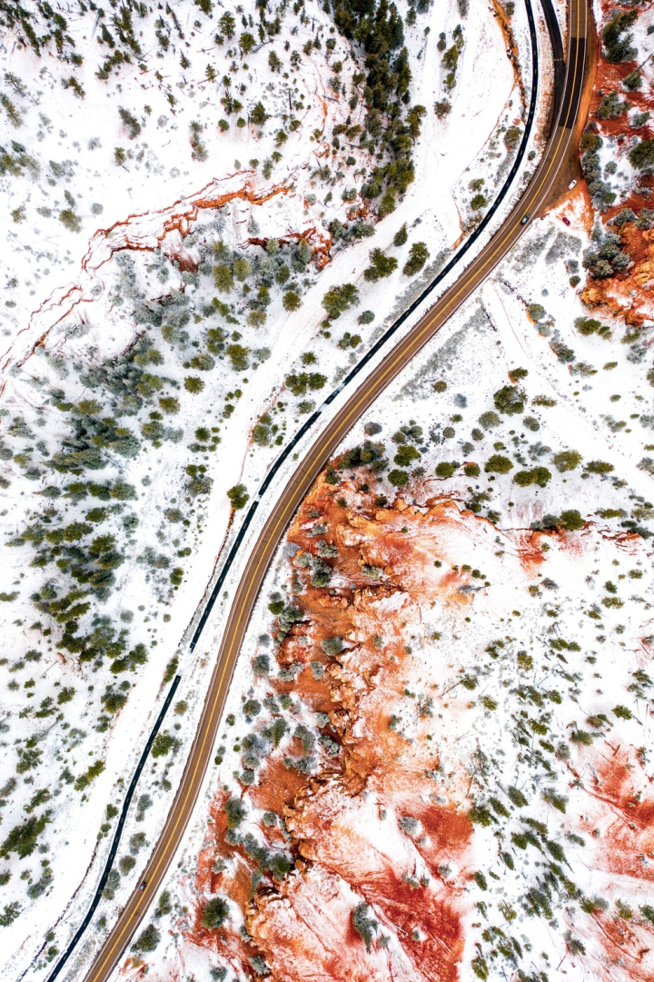 aerial,aerial shot,bird&#39;s eye view,drone shot,from above,road,snow,winter