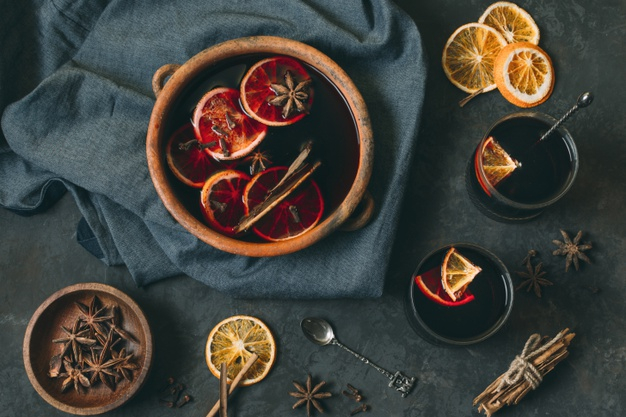 mulled,star anise,anise,aroma,horizontal,cinnamon,beverage,top view,top,towel,view,warm,liquid,hot,drink,glasses,orange,wine,home,star,winter