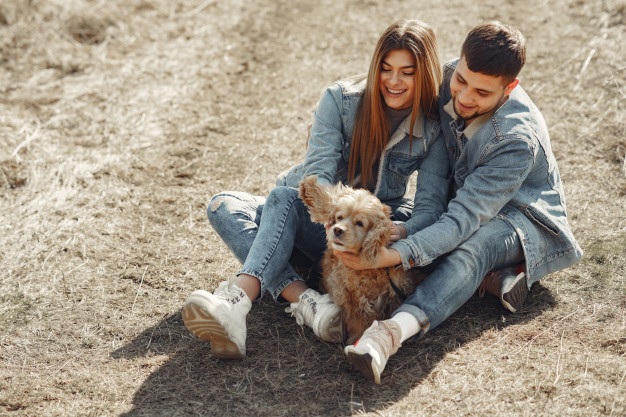 cheerful,boyfriend,casual,handsome,girlfriend,leisure,pretty,fur,adult,romance,relationship,male,lovers,day,portrait,emotion,jacket,young,together,female,outdoor,jeans,romantic,field,beard,park,makeup,couple,grass,cute,animal,girl,nature,dog,love