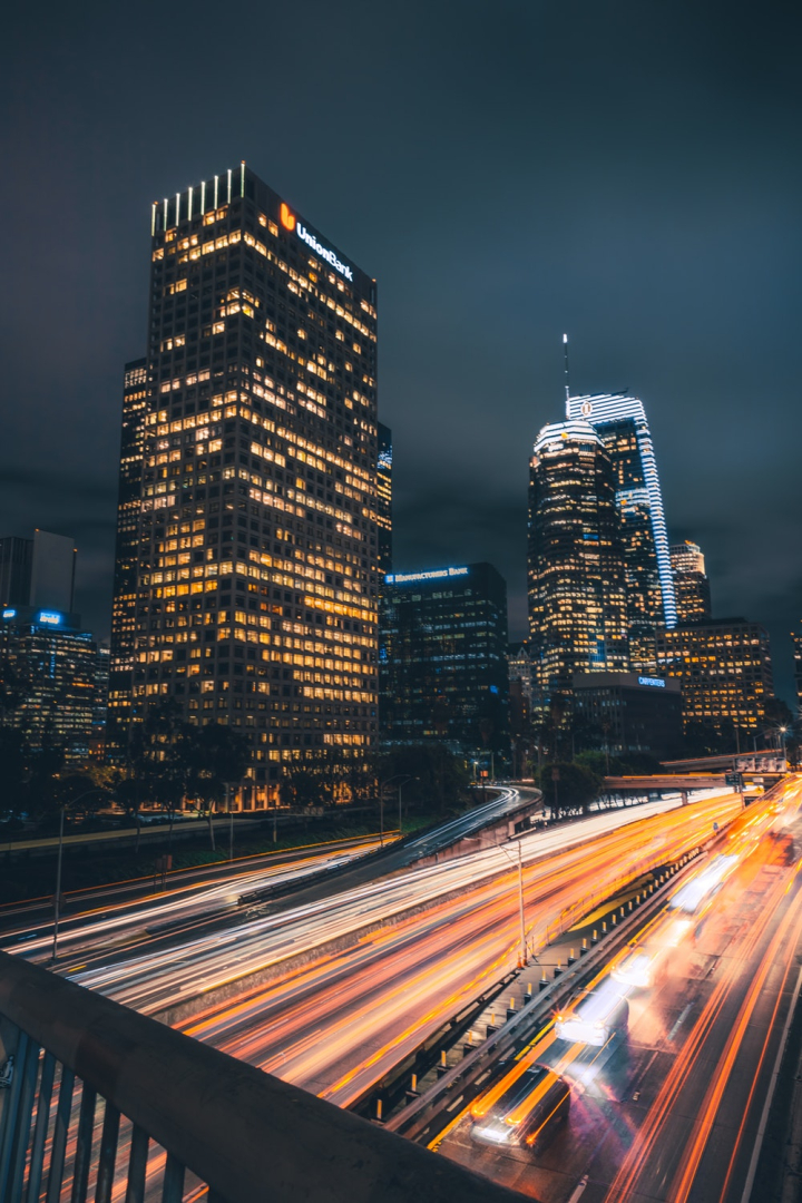 architecture,buildings,city,evening,expressway,highway,la,light streaks,light trails,long exposure,long-exposure,los angeles,modern,night,outdoors,road,roadway,slow shutter,time-lapse,time-lapse photography,urban
