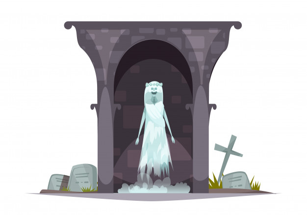 Free: Evil graveyard specter cartoon character composition with scary ghost  appearance in grim haunted cemetery tomb Free Vector 