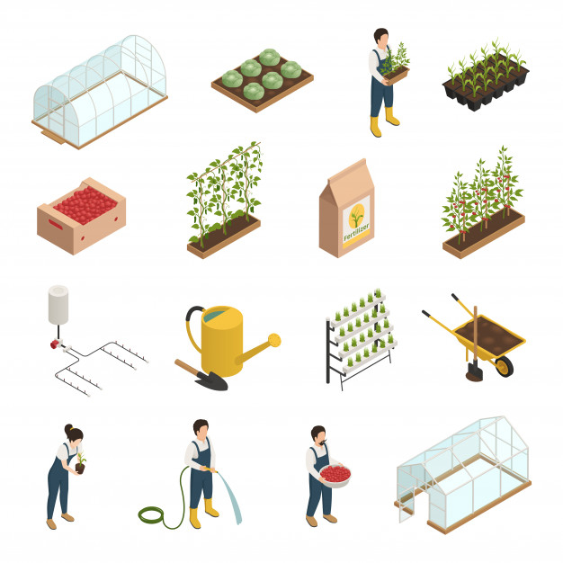 horticultural,glasshouse,ripe,conservatory,seedlings,cultivation,personnel,irrigation,watering,facility,wheelbarrow,fertilizer,greenhouse,agricultural,hose,crop,tomatoes,equipment,set,nursery,collection,control,grow,gardening,production,accessories,herb,tool,land,spray,ecology,farmer,environment,agriculture,elements,organic,worker,plant,isometric,bag,farm,house,sale