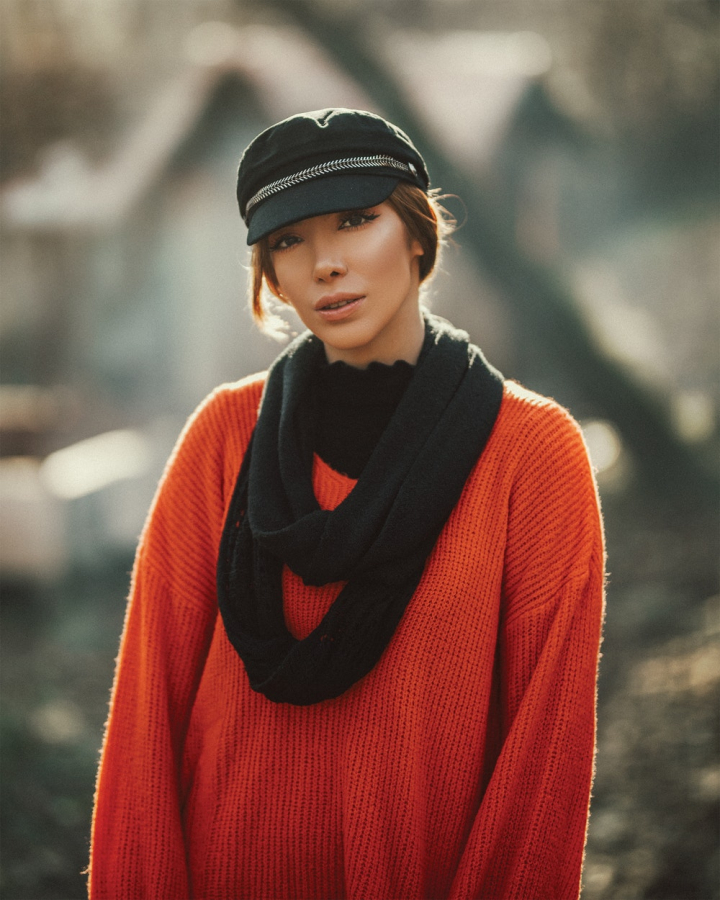 beret,fashion,female,knitted sweater,knitwear,looking,model,outfit,photo session,photo shoot,scarf,shallow focus,standing,style,woman