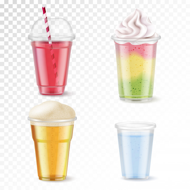 Set Of Different Milkshakes In Disposable Plastic Glasses Stock