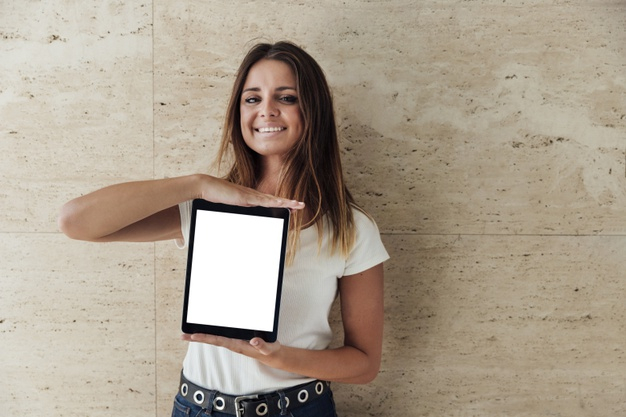showing,portable,touchscreen,mock,holding,blank,wireless,up,device,gadget,young,screen,media,smiley,tablet,social,digital,network,mobile,girl,social media,phone,technology,mockup