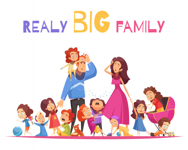 Free: Realy big family vector illustration with happy and crying nimble  kids and sad parents cartoon characters Free Vector 
