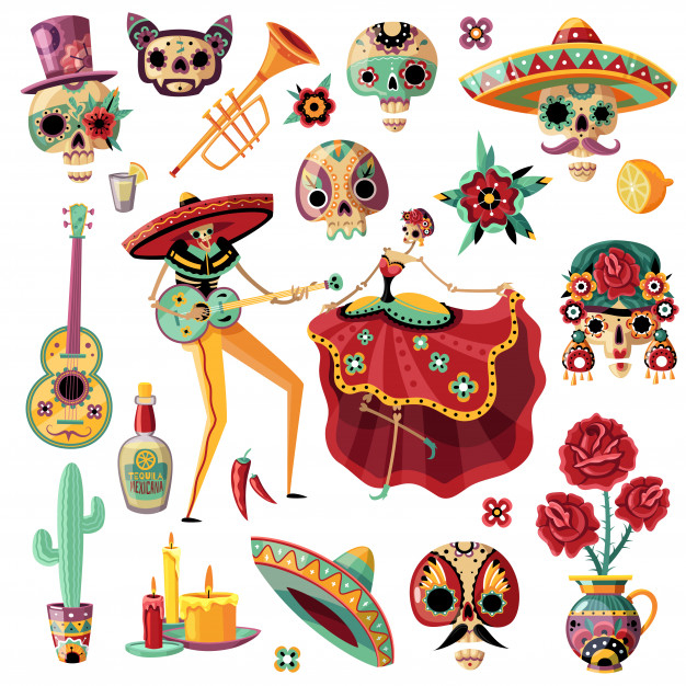calavera,maya,tequila,sombrero,instrument,collection,dead,aztec,trumpet,death,chili,traditional,culture,zombie,fun,lemon,mexican,mexico,mask,ethnic,candle,dress,hat,drink,guitar,festival,celebration,dance,skull,ornament,party,music,food,flower