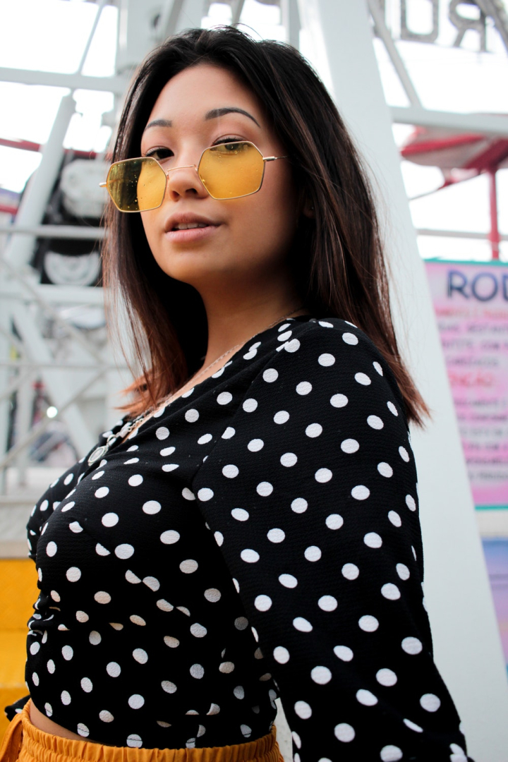 brunette,fashion,female,hair,looking,outdoors,outfit,photoshoot,polka dots,shades,style,sunglasses,wear,woman