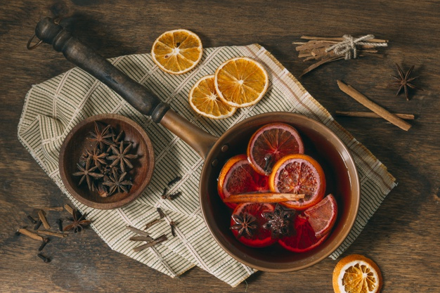 mulled,star anise,anise,aroma,horizontal,cinnamon,beverage,top view,top,towel,view,warm,liquid,hot,drink,orange,wine,home,star,winter